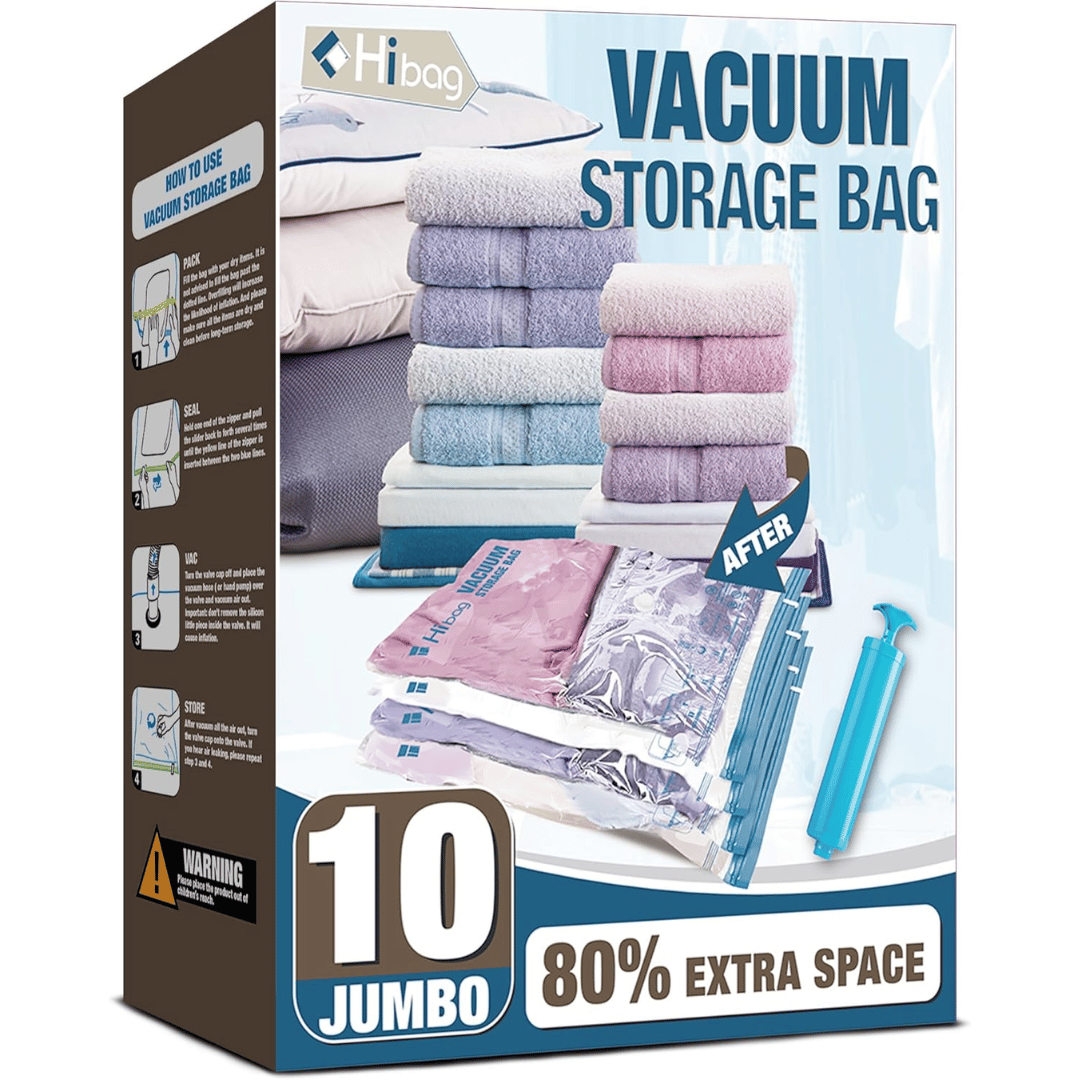 1. HIBAG Jumbo Space Saver Vacuum Storage Bags - 10 Pack with Hand Pump