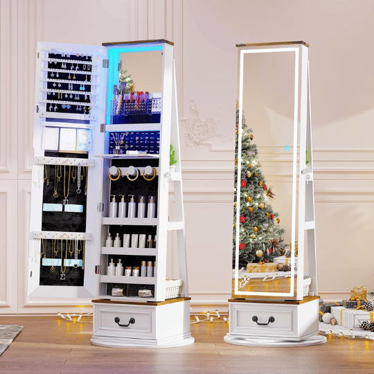 11. LVSOMT Standing 360° Swivel Jewelry Armoire