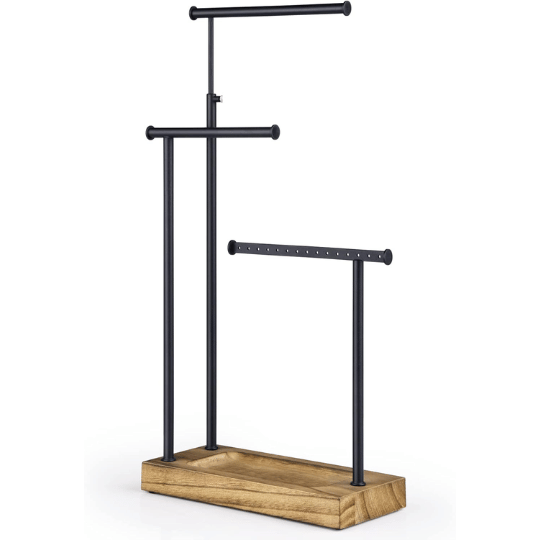 2. SRIWATANA Extra-Tall 3-Tier Jewelry Organizer Stand with Wooden Tray