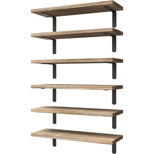3. WOPITUES Rustic Brown Wood Floating Shelves Set of 6