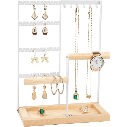 5. Lengnoyp 4-Tier Wooden Jewelry Organizer Stand