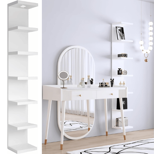 5. LitaEther 7-Tier White Floating Wall Shelf with LED Remote Light