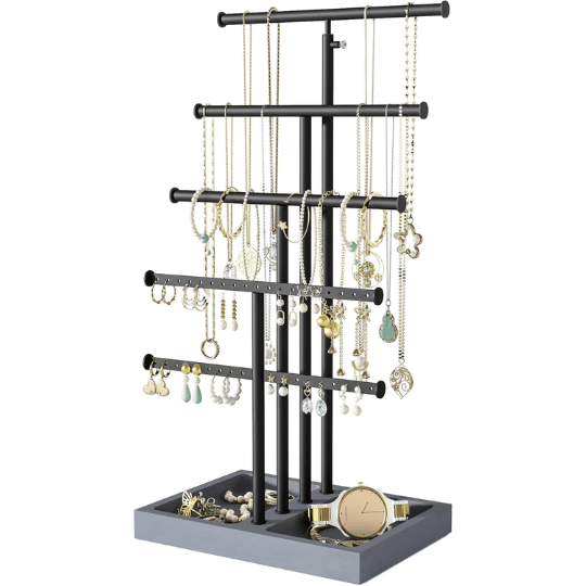 6. Love-KANKEI 5-Tier Jewelry Organizer Stand with Wood Base