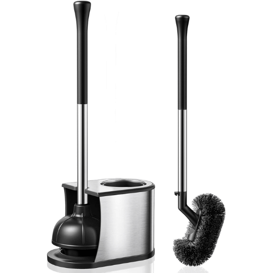 7. HAMITOR Toilet Plunger and Brush Set, 2‑in‑1 Stainless Steel Combo
