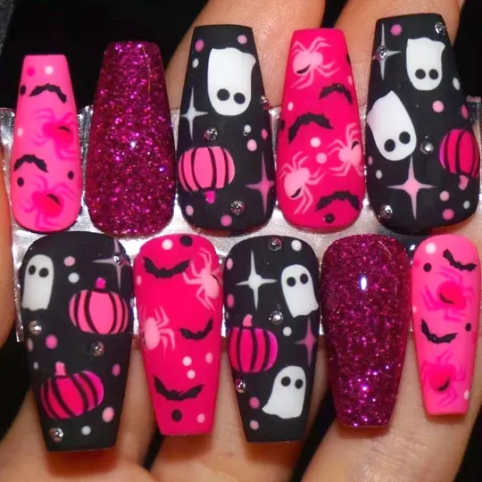 BSBTBZ 30Pcs Halloween Pumpkin Glitter Press On Nails