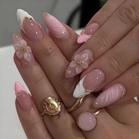 LPOODDNU 3D Pink Press on Nails Almond