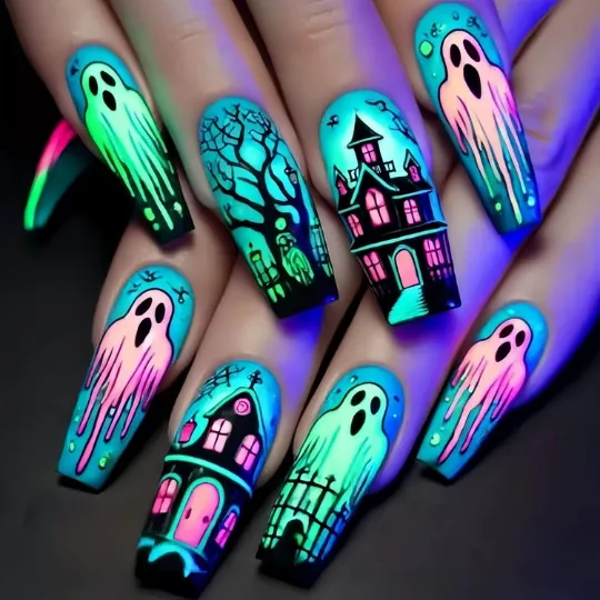 QQPPOLIU Long Halloween Coffin Press On Nails