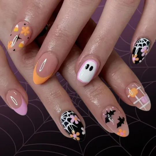 WAFOLOZE Halloween Pumpkin Blossom Press On Nails